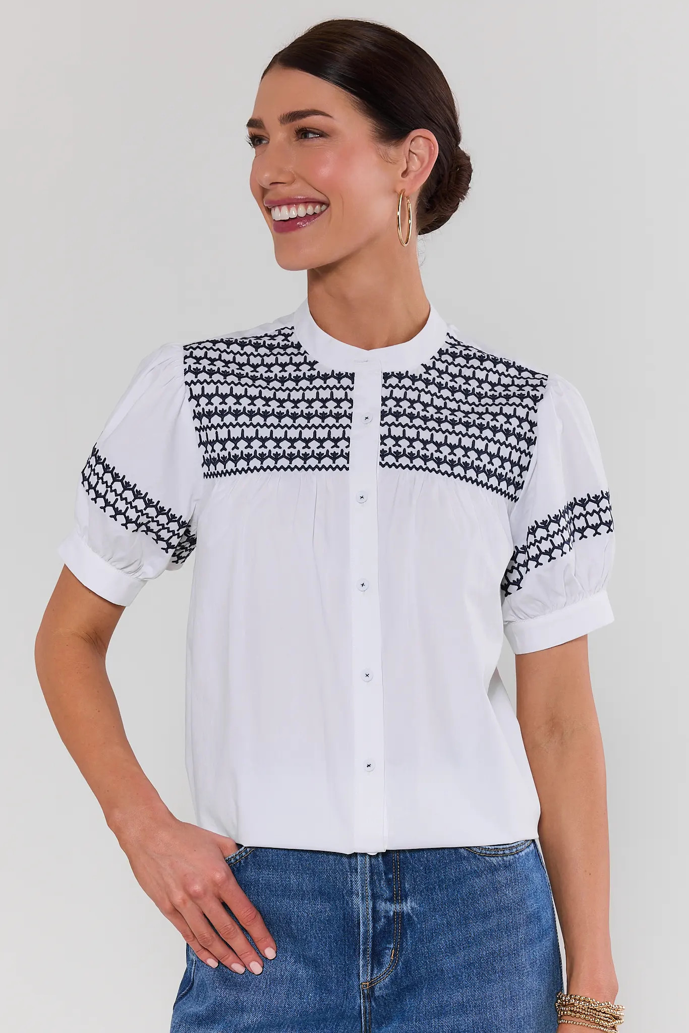 Trudy White and Navy Embroidered Top | Avara