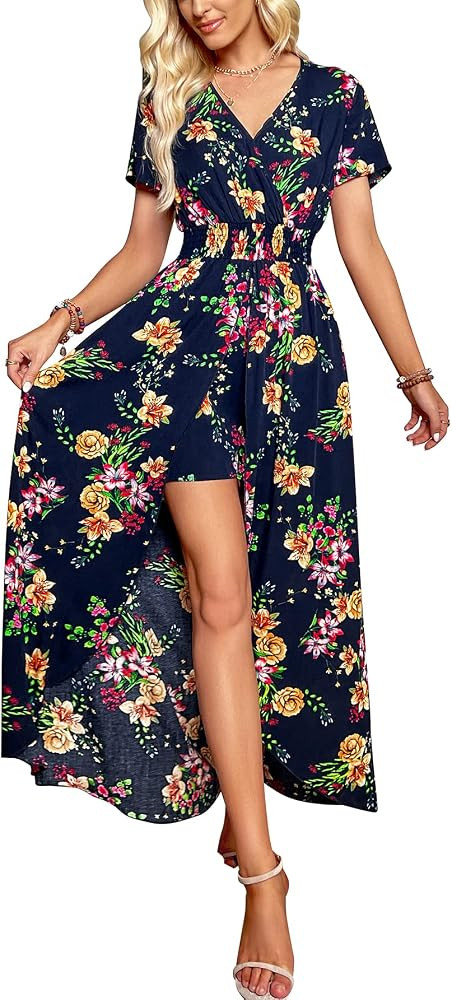 BIUBIU Women's Off Shoulder Floral Rayon Party Split Maxi Romper Dress Long Summer Beach Sundress | Amazon (US)