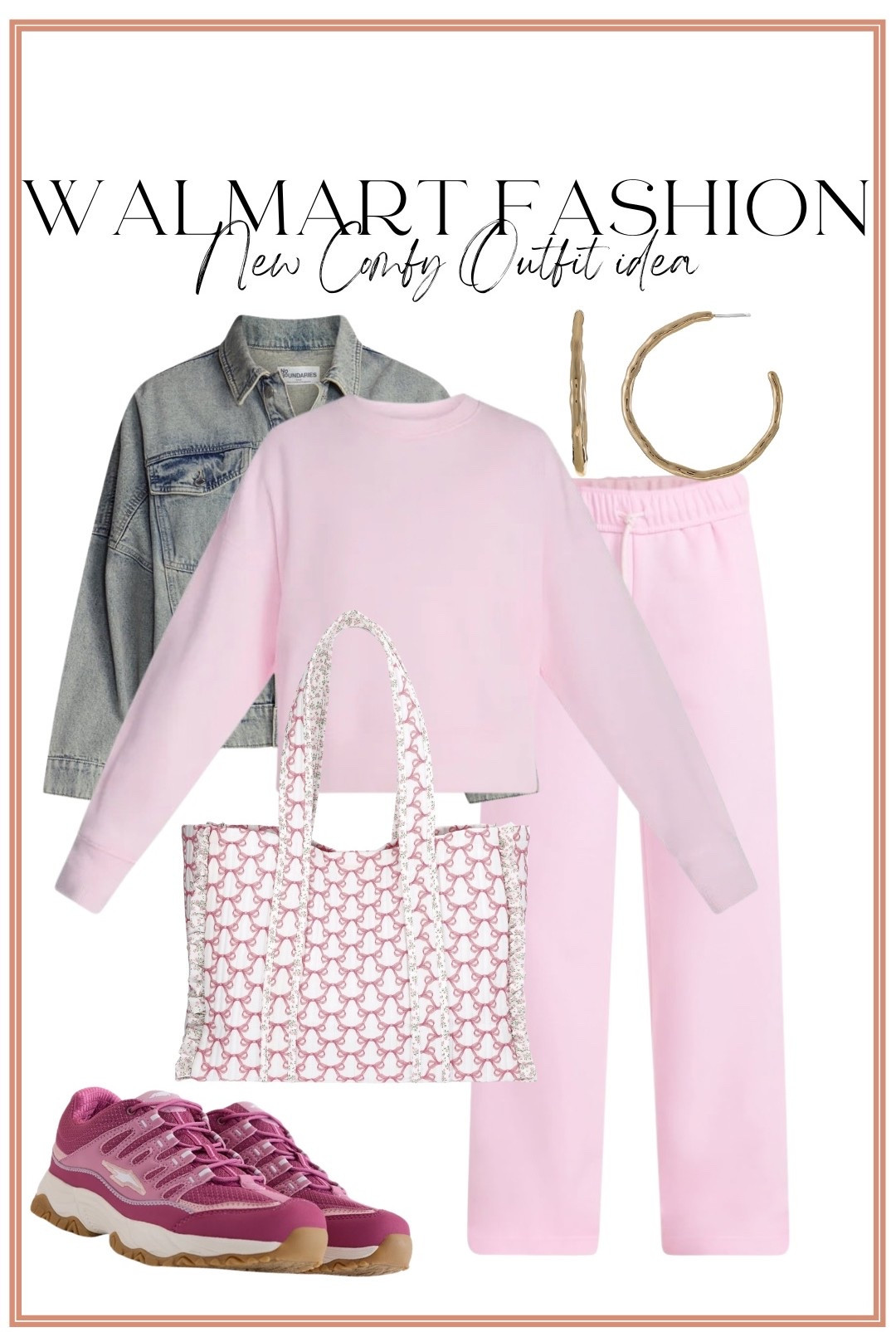 Pink perfection! 🎀🩷 This Walmart fashion new arrival outfit is giving comfy + cute in the BEST way! I love this soft pink matching sweatshirt and pants set paired with an oversized denim jacket and colorful sneakers. Add the adorable bow print tote and gold hoops for the cutest casual everyday look! Such an easy Walmart outfit idea for errands, travel, school pickup, or weekend plans. ✨

#walmartfashion #walmartfinds #walmartnewarrivals #walmartstyle #walmartoutfit #walmartfashionfinds #affordablefashion #matchingSet #casualoutfit #everydaystyle #pinkoutfit #affordablestyle #outfitinspo #womensfashion

#LTKootd #LTKPetite