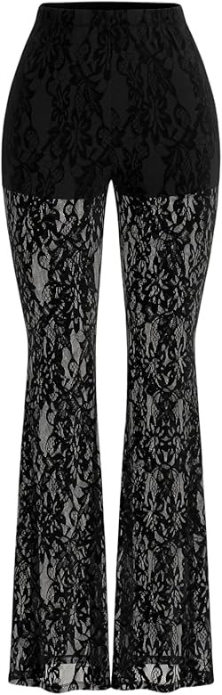 GORGLITTER Women's Floral Lace Mesh Skinny Bell Pants Bottom Flare Leg Elastic High Waist Sheer T... | Amazon (US)