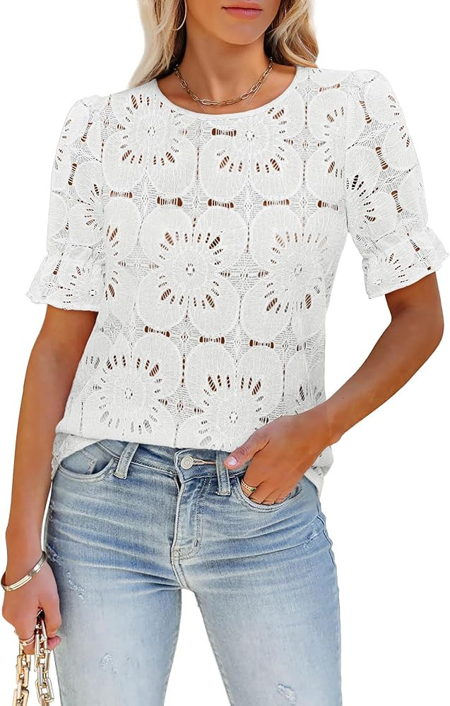 Women's Eyelet Tops Puff Short Sleeve Blouses Dressy Casual Cute Hollow Out Crochet Lace Embroide... | Amazon (US)