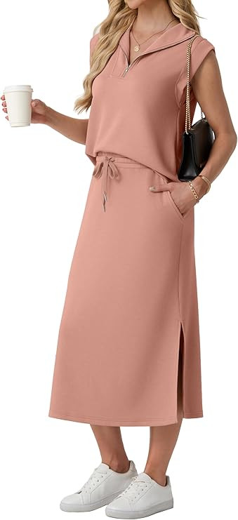 Lepunuo Women Skirt Sets 2 Piece Outfits Casual Half Zip Lapel Cap Sleeve Tops Split Maxi Skirt A... | Amazon (US)