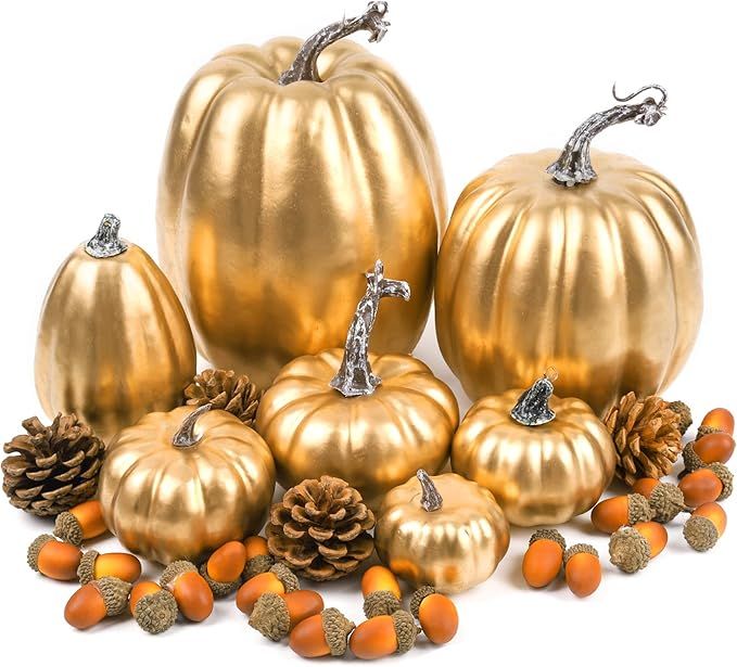 12 pcs Assorted Sizes White Artificial Pumpkins Faux Foam Autumn Pumpkins with 24 pcs Acorns and ... | Amazon (US)