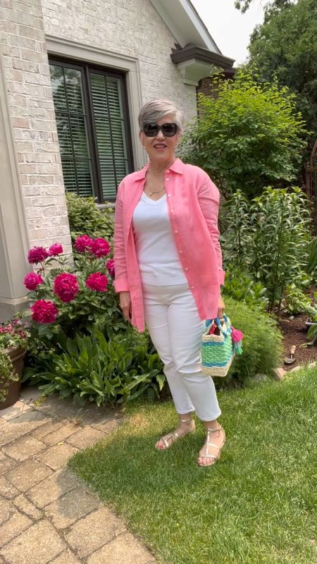 #ltkseasonal
#casuallooks
#beachwear
#coverups
Four Ways to Wear a Linen Shirt
1. With white jeans (6)/ white tank (S)/ and a terrific Talbots bag
2. Over Talbots linen shorts (S)/ cute 🥰 Amazon bag
3. Belted over cropped pants 
4. As a coverup for the beach 🏝️ or pool.

#LTKitbag #LTKSeasonal #LTKstyletip