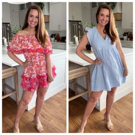 Wearing a small in the ruffle off the shoulder dress on the left. 
Wearing a medium in the eyelet dress on the right, but wish I'd gotten a small. Fully lined and also comes in white. 
Both are under $30.
.


#LTKover40 #LTKstyletip #LTKparties