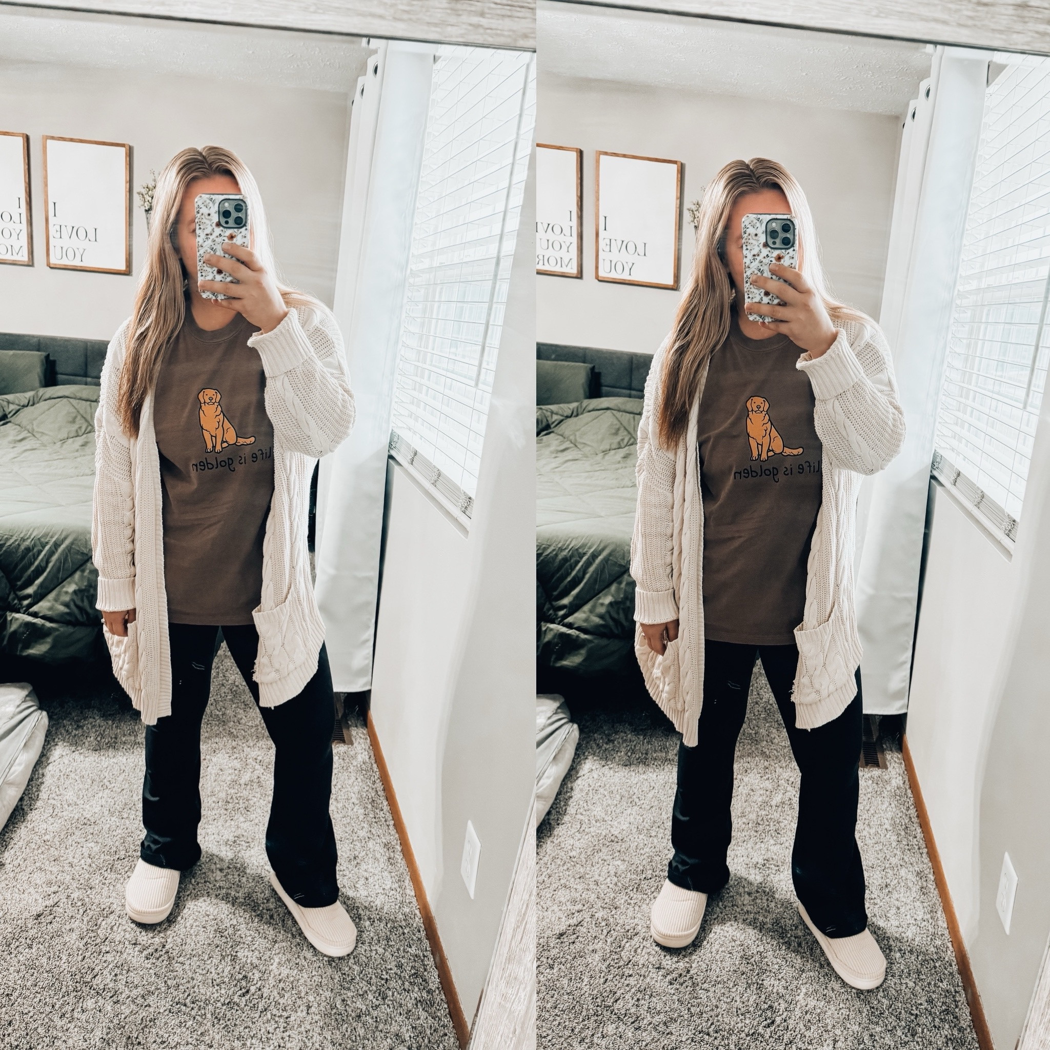 Cute weekend lounge outfit for a golden retriever dog mom - comfort colors oversized graphic tee - long cable knit duster sweater - cozy house slippers - high rise flare leggings 

#LTKFindsUnder50 #LTKFindsUnder100 #LTKMidsize