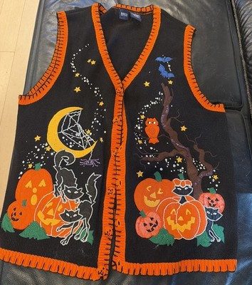 Basic Editions Vintage 90\u2019s Halloween Sweater Vest Black Embroidered Pumpkins 2X | eBay US