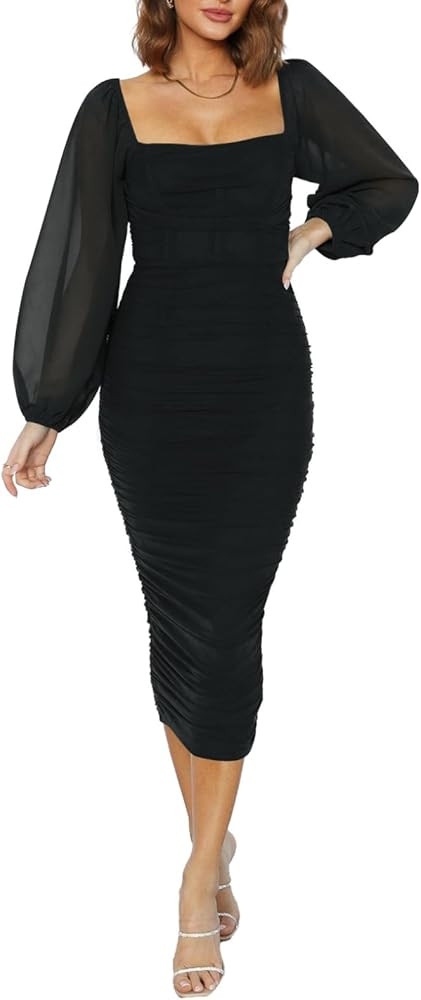 Pink Queen Women's 2024 Sexy Ruched Bodycon Dress Square Neck Puff Long Sleeve Mesh Cocktail Part... | Amazon (US)