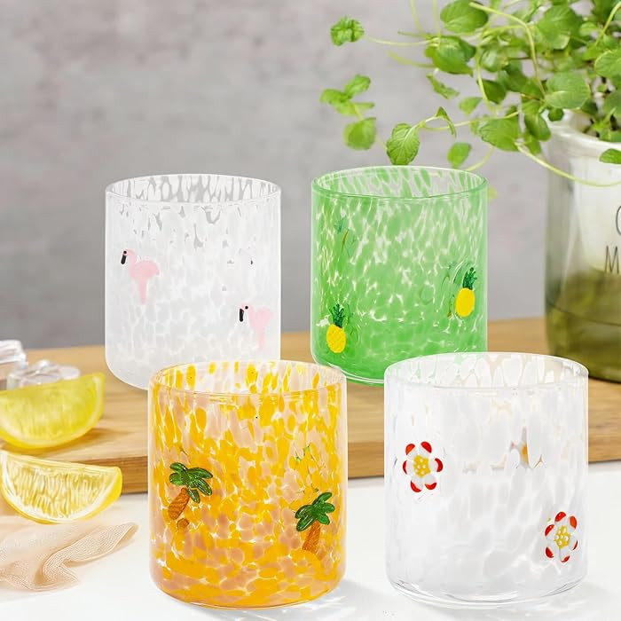 JarThenaAMCS 4Pcs Summer Icon Juice Glass 14 Oz Wine Glass Flamingo Pineapple Coconut Tree Hibisc... | Amazon (US)