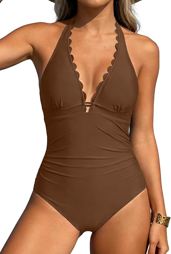 Women's One Piece Halter Swimsuit Tummy Control Ruched Slimming Bathing Suit Scalloped Swimwear | Amazon (US)