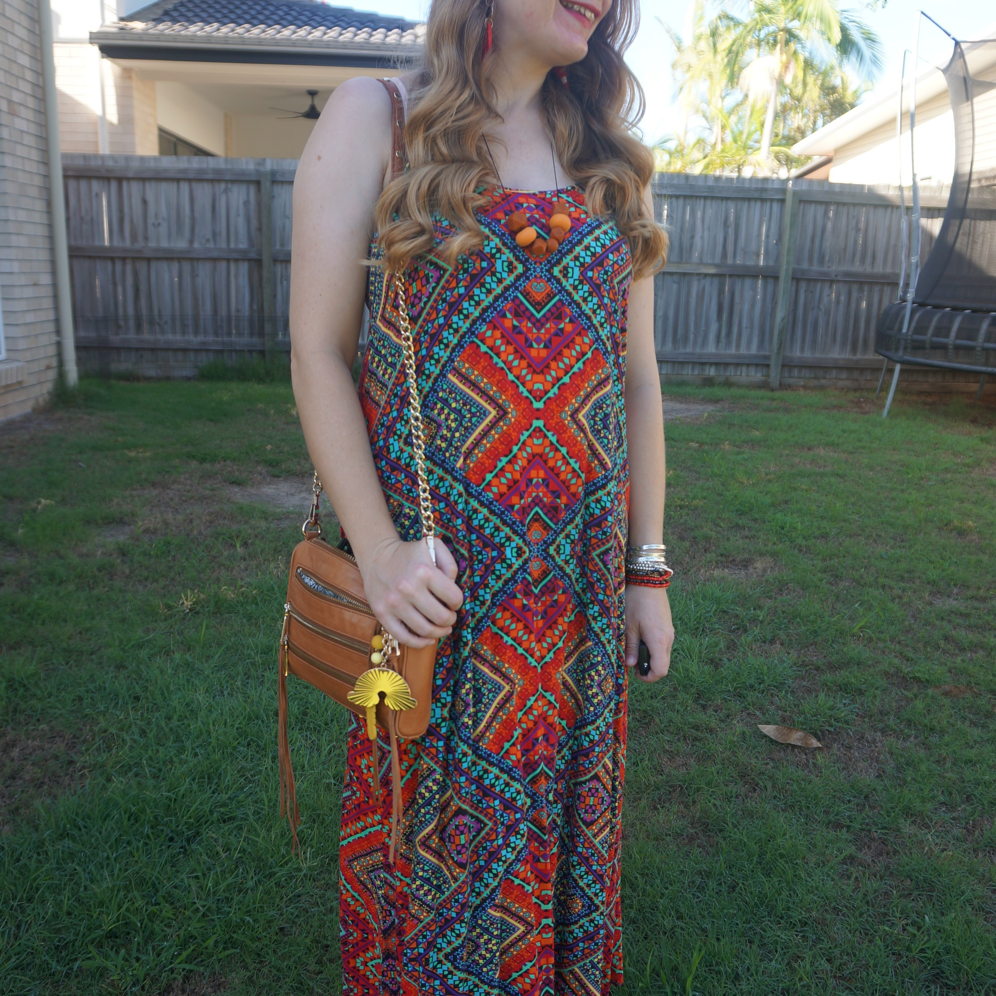 Geometric print maxi dress with tan Rebecca Minkoff mini 5-zip bag ❤️

#LTKbag #LTKautumn #LTKaustralia