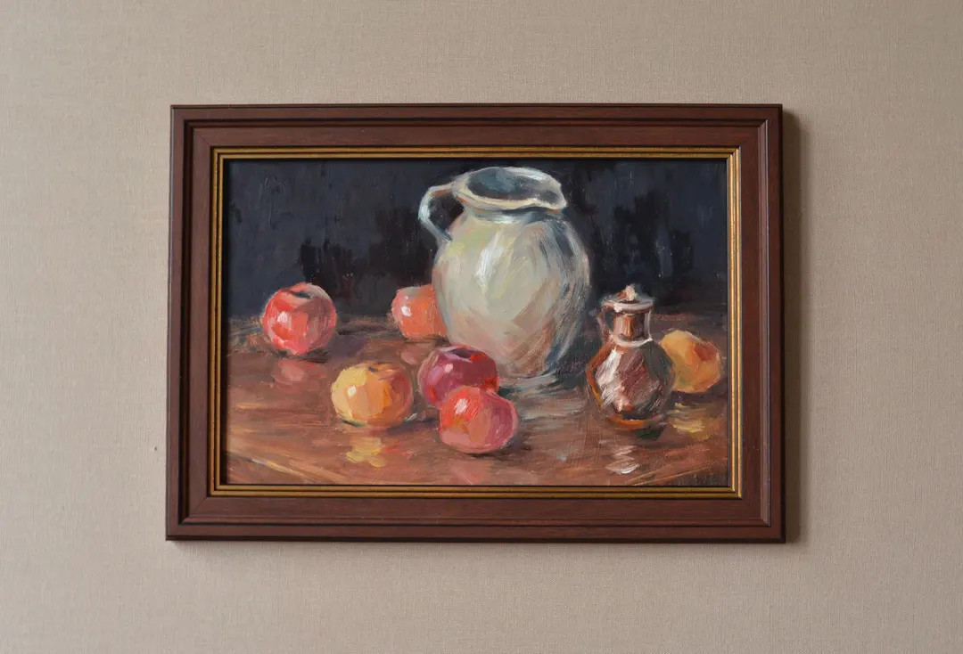 Original kitchen still life oil painting. Impressionistic dark still life with a jug and colorful... | Etsy (US)