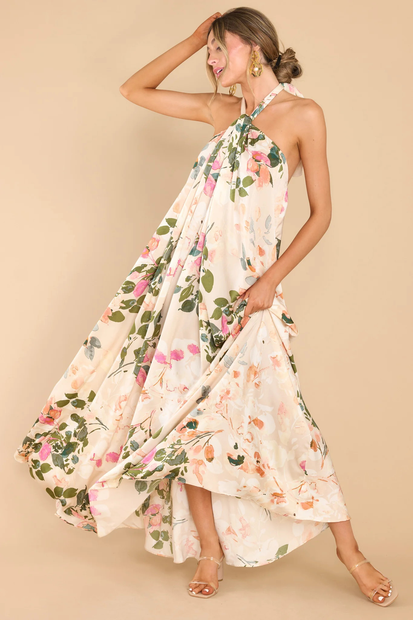 Dainty Love Tan Floral Print Maxi Dress | Red Dress 