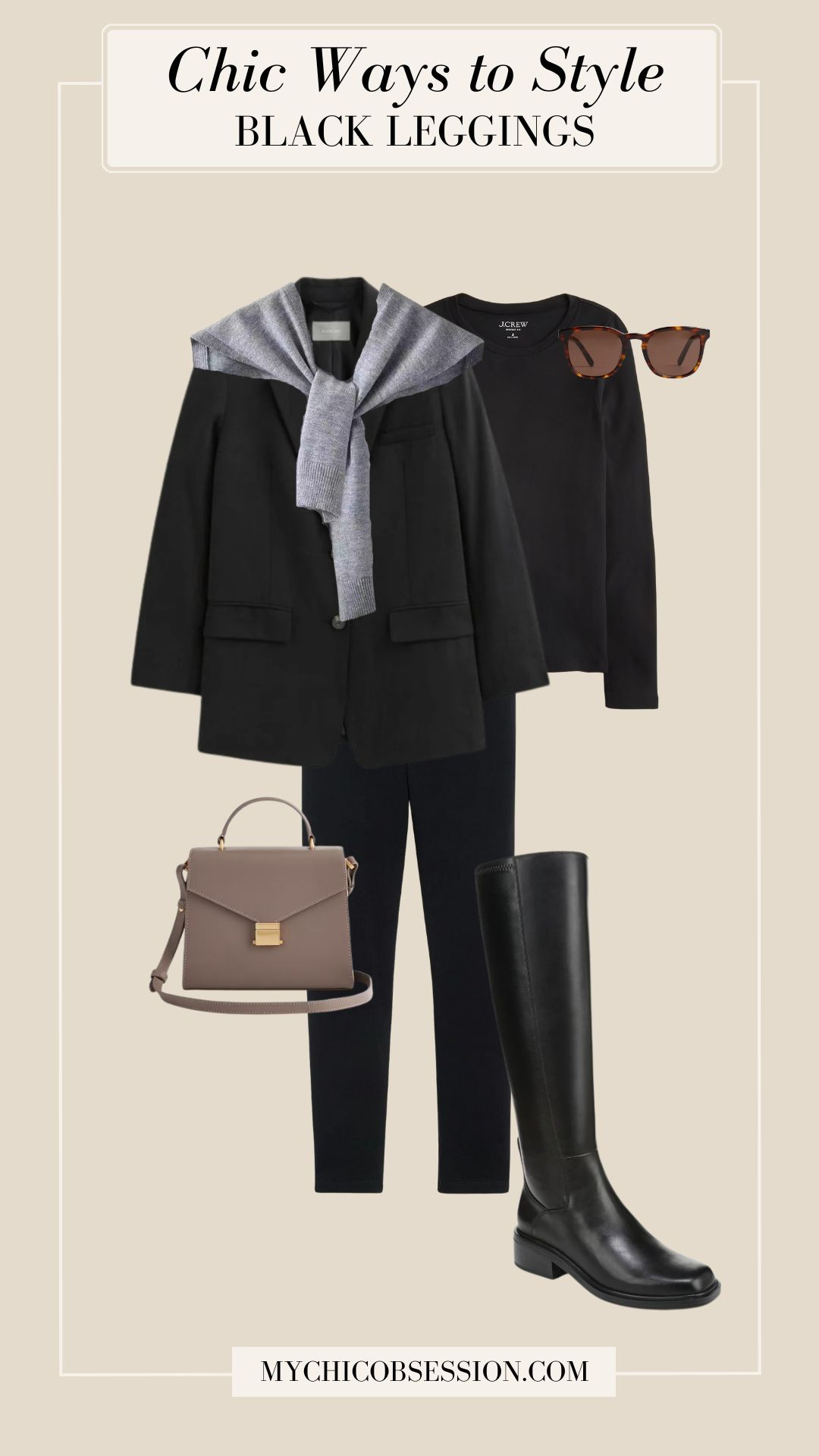 Style black leggings in a chic way for fall or winter with a long-sleeved black t-shirt, an oversized blazer, and a sweater tied over your shoulders. Accessorize with a top-handle bag, knee-high boots and sunglasses. 

 #LTKSeasonal
