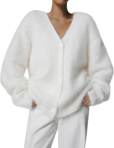 Flygo Womens Fuzzy Mohair Cardigan Sweaters V Neck Button Down Long Sleeve Fluffy Knit Open Front Slouchy Furry Sweater(White-S) | Amazon (US)
