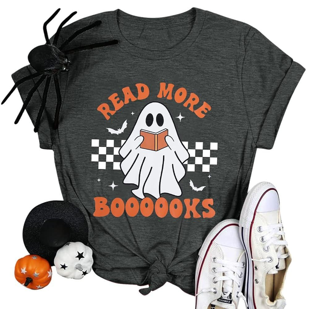 Halloween Teacher Shirts for Women Groovy Read More Books Ghost T-Shirt Short Sleeve Halloween Pa... | Amazon (US)