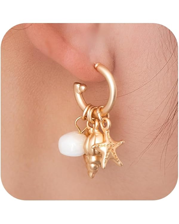 Hoop Earrings for Women With Ocean Charms Lnterchangeable Charms Starfish Earrings Shell Conch Ch... | Amazon (US)