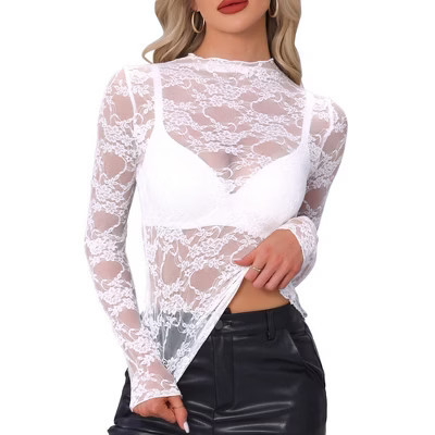 INSPIRE CHIC Women's Mesh Mock Neck Sheer See Through Floral Lace Blouse Large White | Target