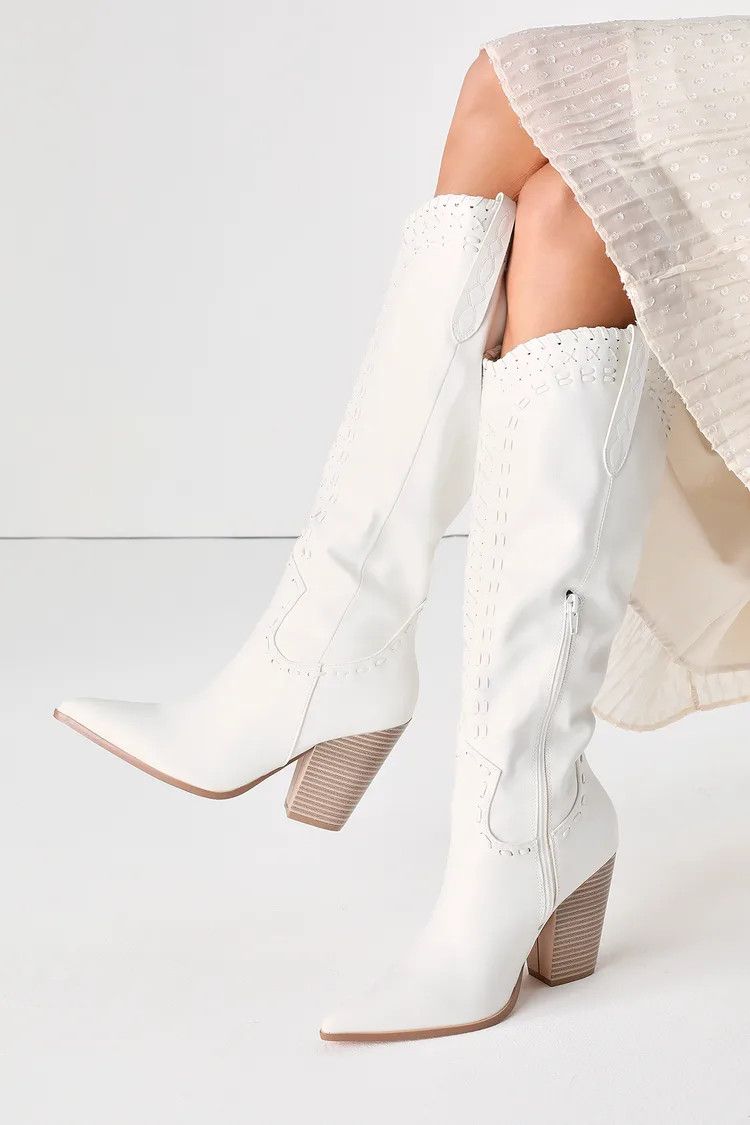 Yohana White Pointed-Toe Knee-High Boots | white cowgirl boots cowgirl outfit cowgirl hats  | Lulus (US)