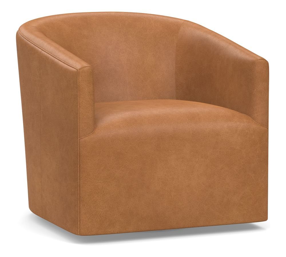 Baldwin Leather Swivel Armchair, Polyester Wrapped Cushions, Churchfield Camel | Pottery Barn (US)