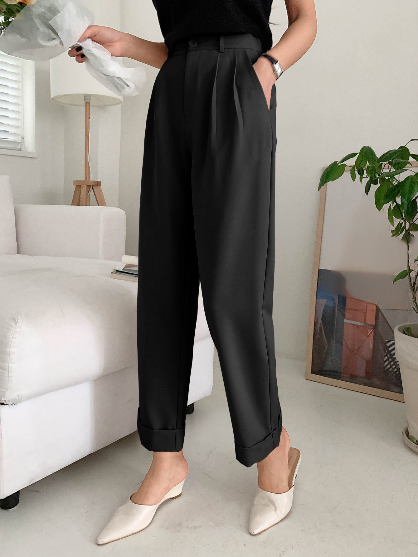 DAZY High Waist Plicated Detail Roll Hem Pants | SHEIN
