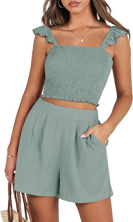 ANRABESS Women's 2 Piece Outfits Summer Linen Sets Smocked Crop Tops Matching Shorts Lounge Set 2... | Amazon (US)
