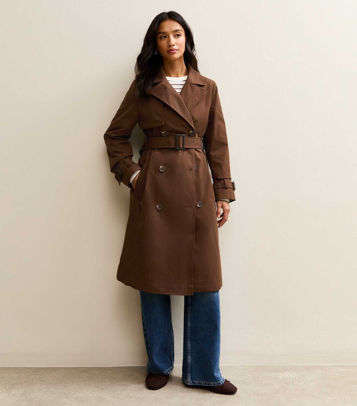 Petite Dark Brown Double Breasted Belted Mac Coat | New Look | New Look (UK)