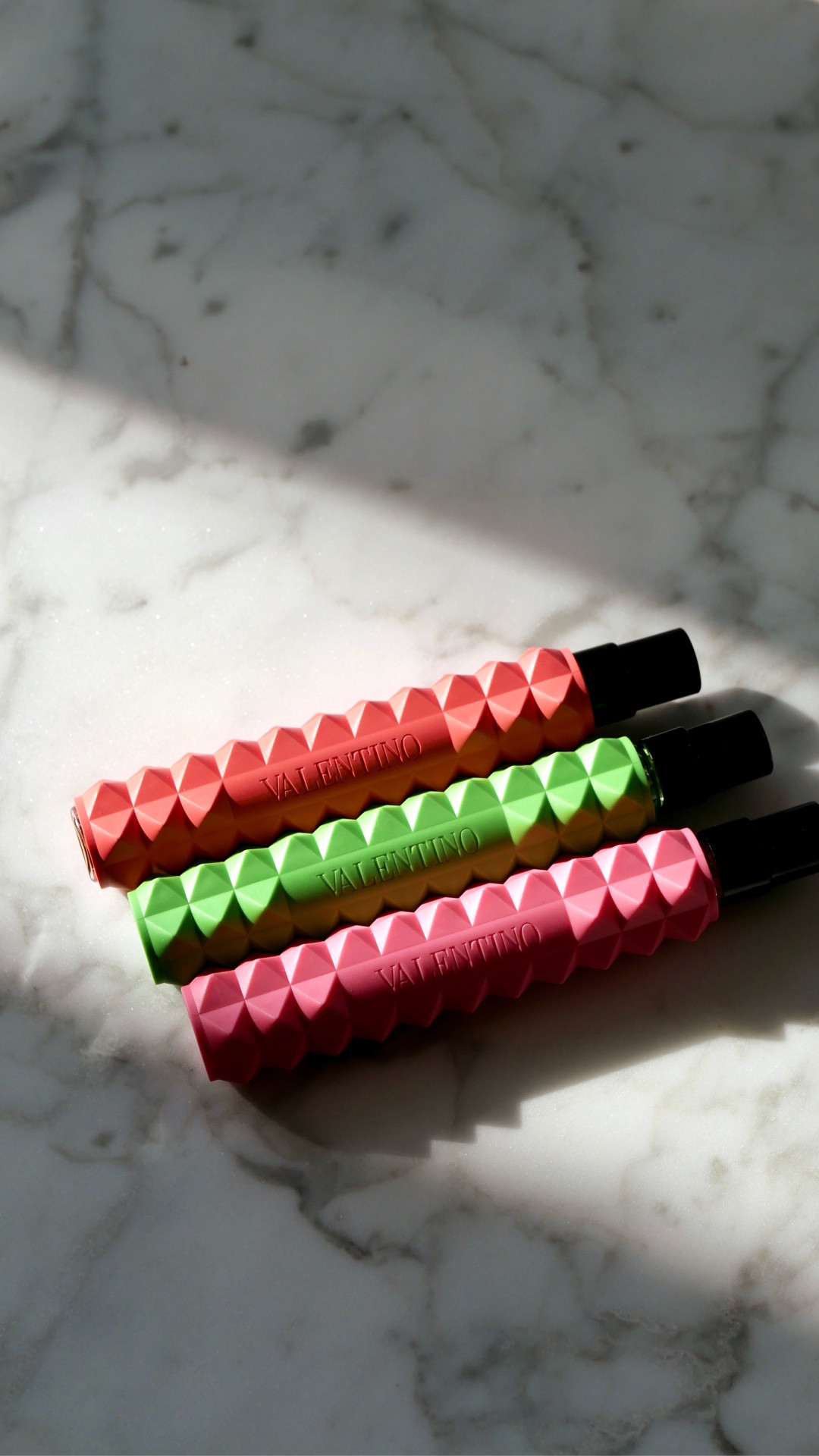 Taking these travel @valentino.beauty Born in Roma fragrances with me everywhere. The green with vanilla and tea is my fav! 