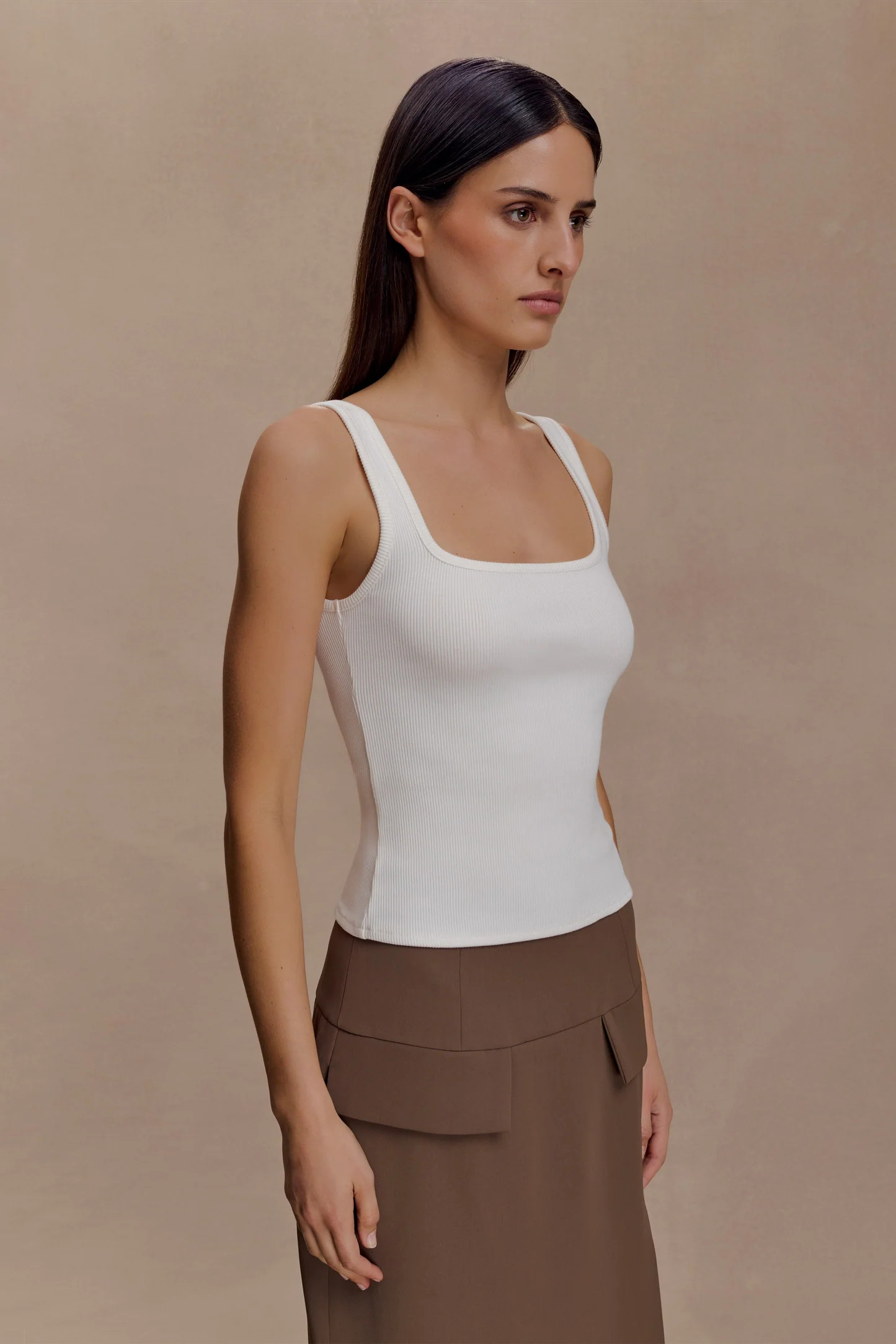 Aisling Ribbed Square Neck Sleeveless Top - Ivory | MESHKI US