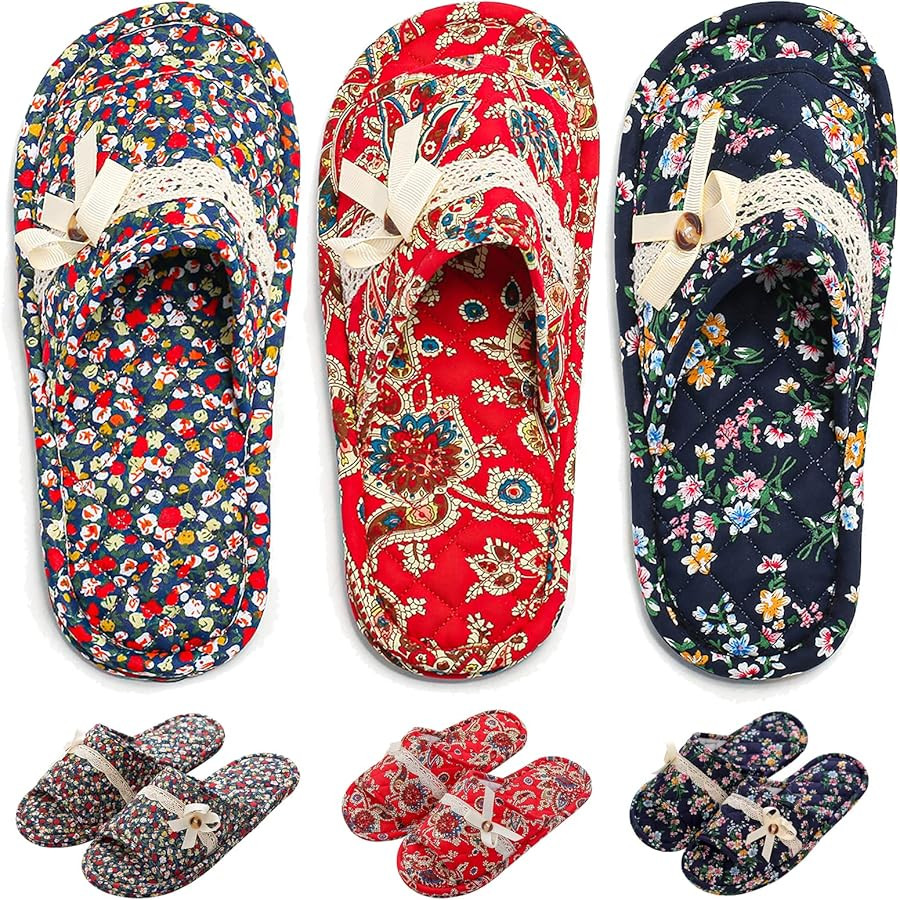 3 Pairs Floral Cotton House Slippers for Women, Open Toe Indoor Slippers Comfortable Washable Por... | Amazon (US)