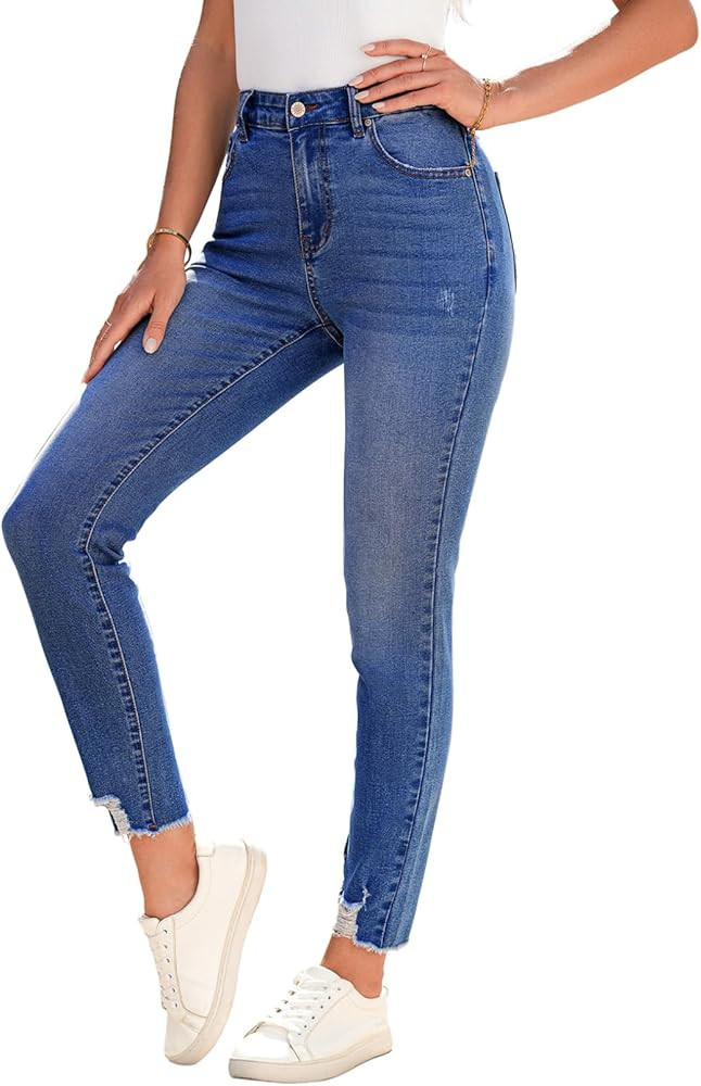 SHEWIN Women's Ripped Shaping Skinny Jeans Distressed Raw Hem Stretchy Denim Pants | Amazon (US)