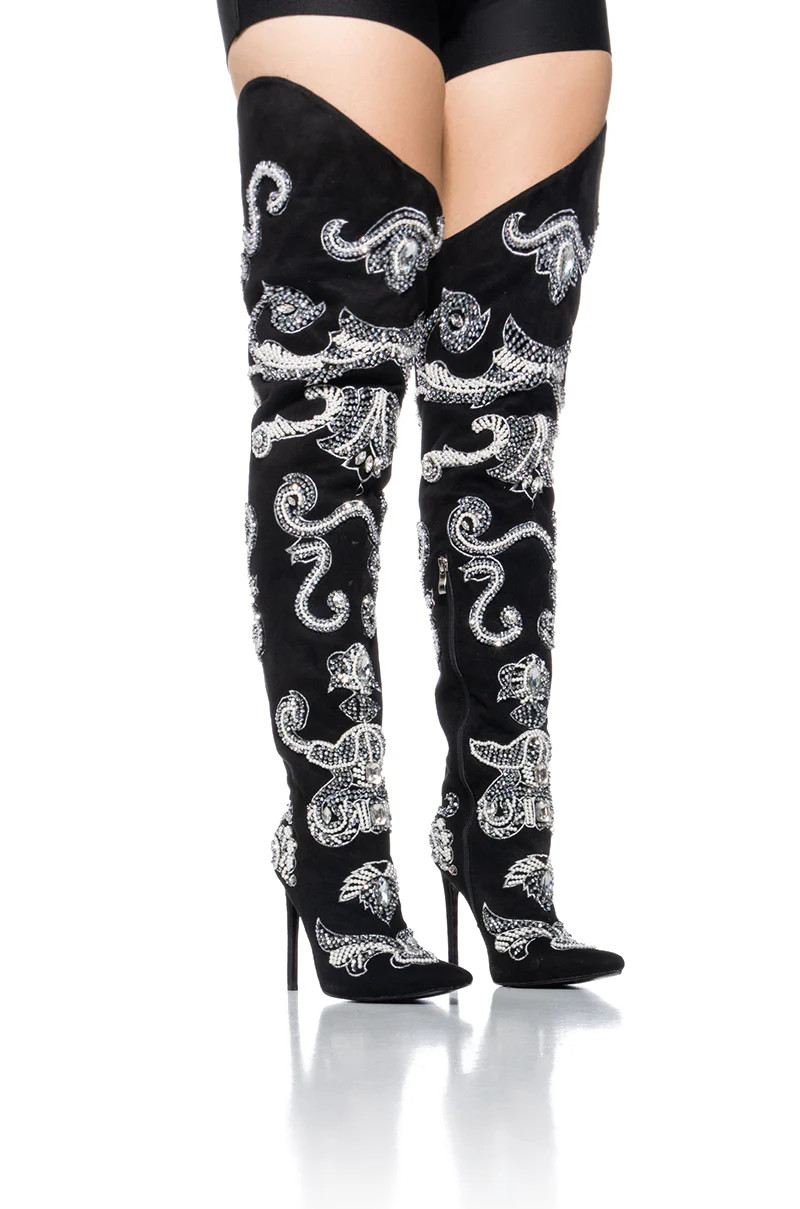 AZALEA WANG EMMETT BEADED EMBELLISHED THIGH HIGH WESTERN BOOT IN BLACK | AKIRA