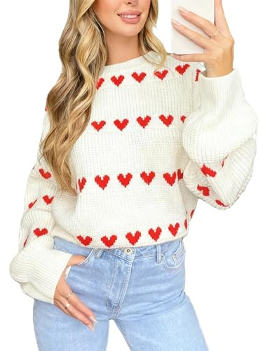 Women Heart Print Sweaters Crewneck Loose Fit Knit Pullover Casual Sweater Tops(White,M) | Amazon (US)