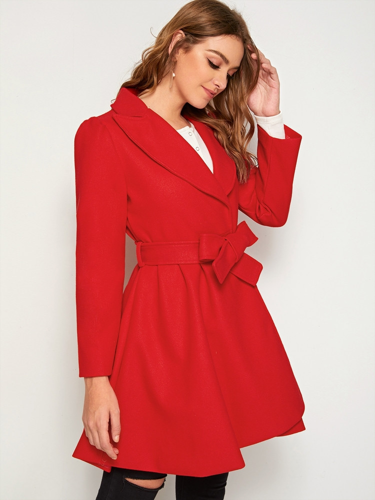 Solid Notched Neck Belted Wrap Hem Coat | SHEIN