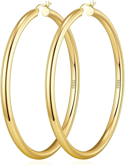 4mm Thick Gold Chunky Earrings Steling Silver Post Hoops Earrings For Women Hollow Tube Hoops Ear... | Amazon (US)