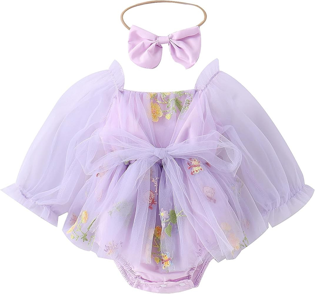 ODASDO Newborn Baby Girl Romper Dress Flower Embroidery Tutu Princess Long Sleeve One-Piece Bodys... | Amazon (US)