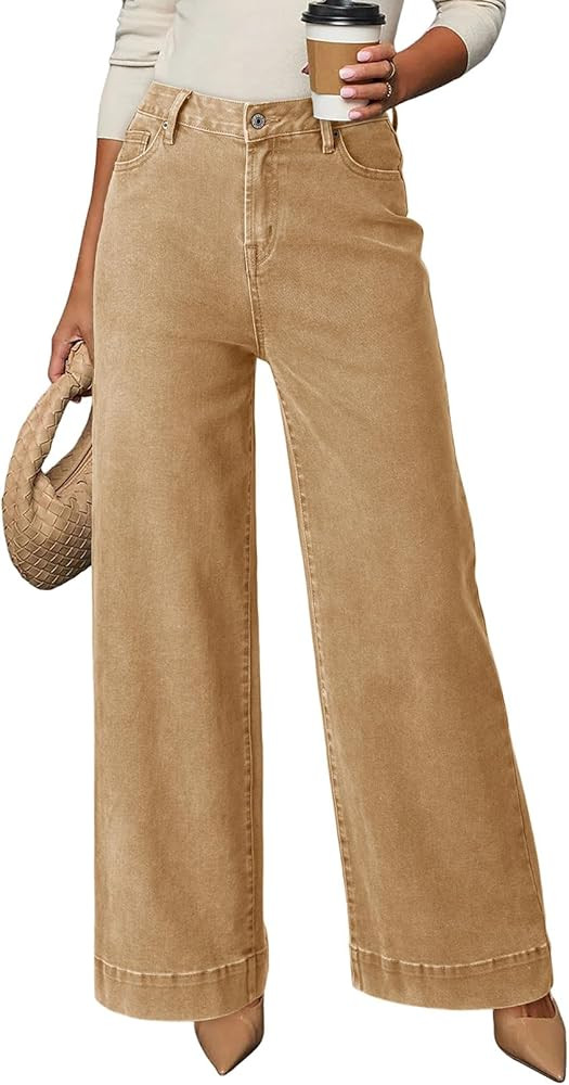 DOKOTOO Women's Casual High Waisted Jeans Stretch Button Wide Leg Loose Denim Pants with Pockets | Amazon (US)