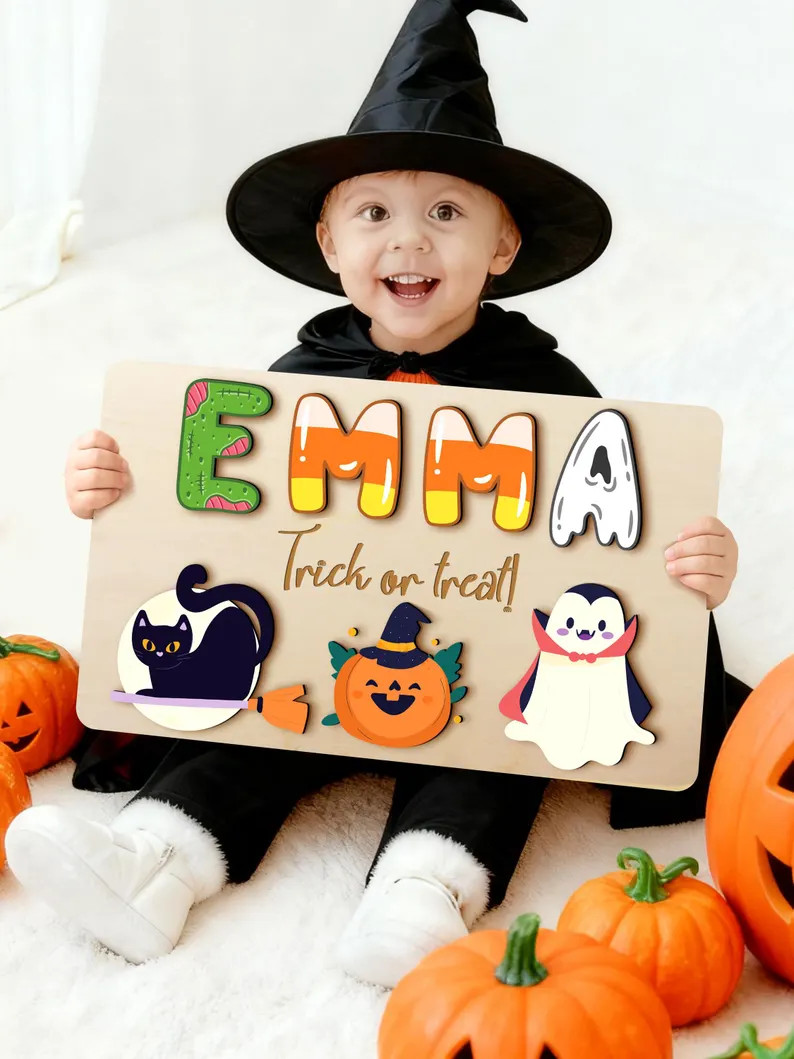 Halloween Baby Wooden Name Puzzle,Personalized Baby Halloween Gift,Toddler Montessori Toys,Hallow... | Etsy (US)