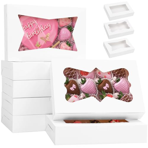 TOMNK 7pcs Cookie Boxes, 12x8x2.5 Inches White Bakery Boxes with 3 Style Window for Chocolate Covered Strawberries, Treats, Breakable Heart, Pastries, Desserts and Cake Pops | Amazon (US)