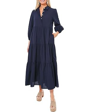 Women Flowy Maxi Shirt Dress Casual Button Down V Neck Ruffled Beach Long Dresses with Pockets | Amazon (US)