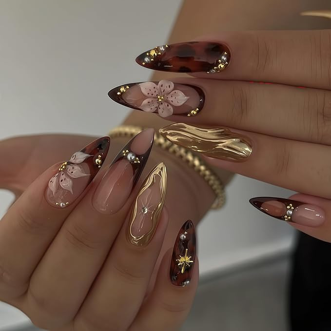 24Pcs Almond Press on Nails Medium Fake Nails with Brown Flower Designs French Nails 3D Gold Text... | Amazon (US)