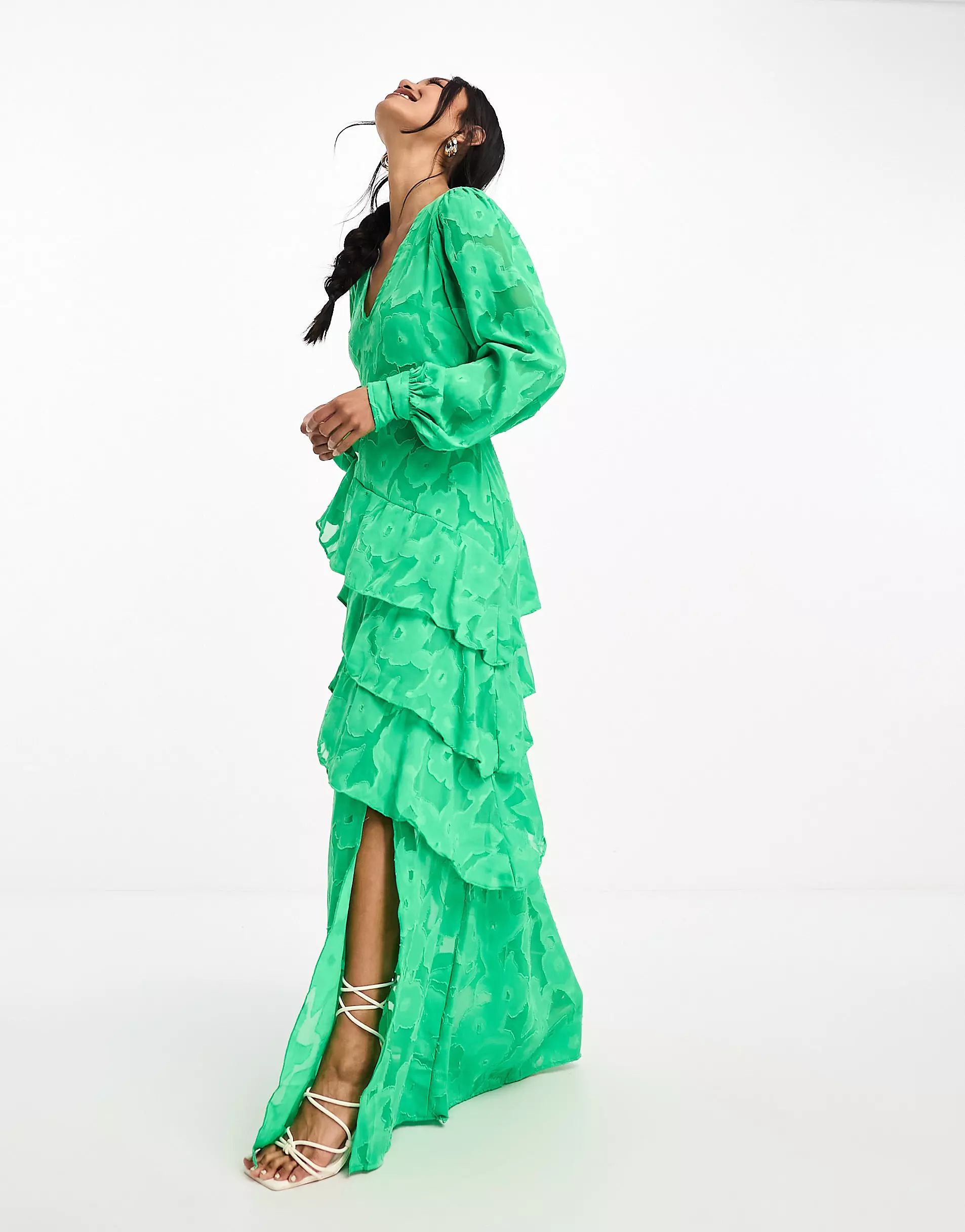 Pretty Lavish asymmetric ruffle jacquard maxi dress in green | ASOS (Global)