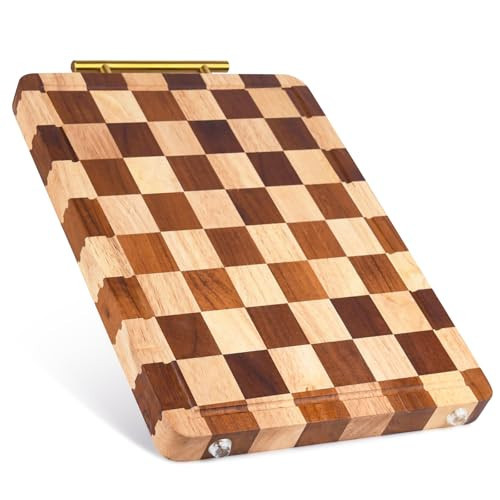 Checkered Cutting Board for Kitchen, Rubber Wood Cutting Boards, Chopping Board with Juice Grooves & Stainless Steel Handles, Butcher Block Serving Tray with Gift Box，14.9"×11"×1.18" | Amazon (US)