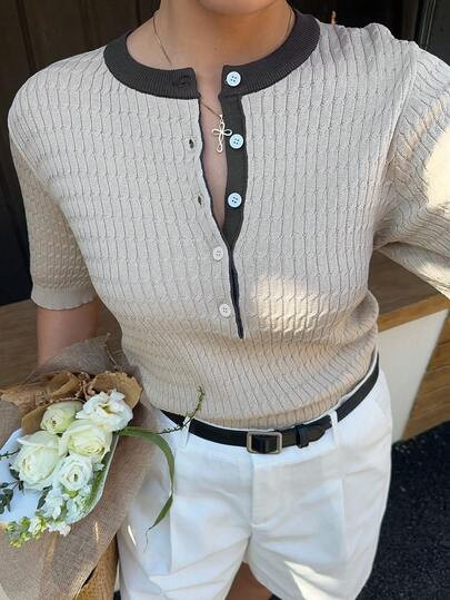 Dazy Plus Plus Size Women Contrast Color Block Half-Placket Loose Casual Short Sleeve Knit Top, S... | SHEIN