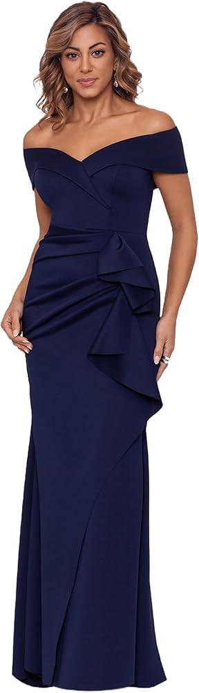 Xscape Women's Long Off Shoulder Sweetheart Neck Side Ruffle Gown (Reg and Petite) | Amazon (US)