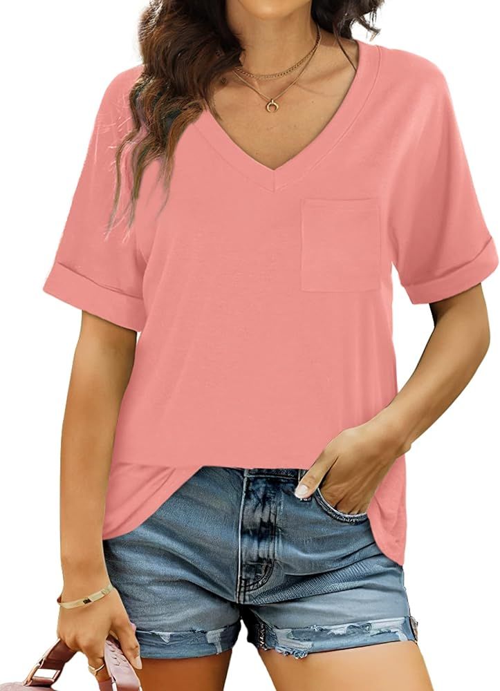 Bofell Womens V Neck Rolled Short Sleeve T Shirts Casual Summer Tops Tshirts with Pocket | Amazon (US)