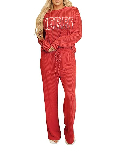 Women Pajamas Set Loungewear Ribbed Long Sleeve Top and Pants with Pockets Lounge Sweatsuit Set | Amazon (US)