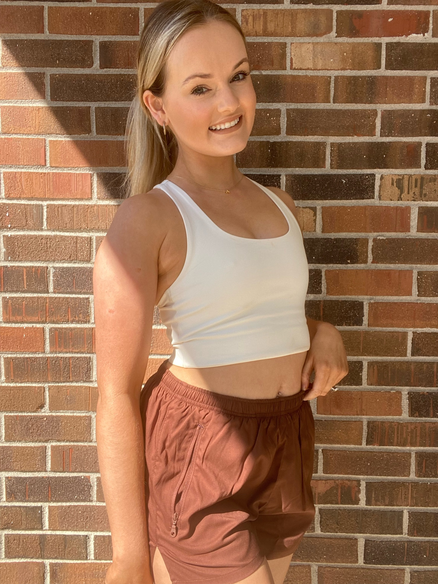 Summer outfit, athletic outfit, sporty outfit, athletic top, athletic shorts, comfy shorts, comfy workout outfit, workout, workout shorts, workout fit, brown athletic shorts, white athletic top

#LTKfit #LTKstyletip #LTKunder100