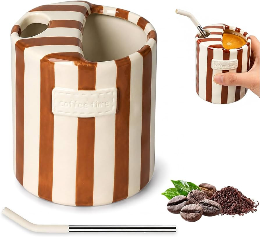 Ceramic Coffee Mug with Sip Hole, 10oz Retro Striped Coffee Cups, Cute Ceramic Coffee Mugs Hand-P... | Amazon (US)