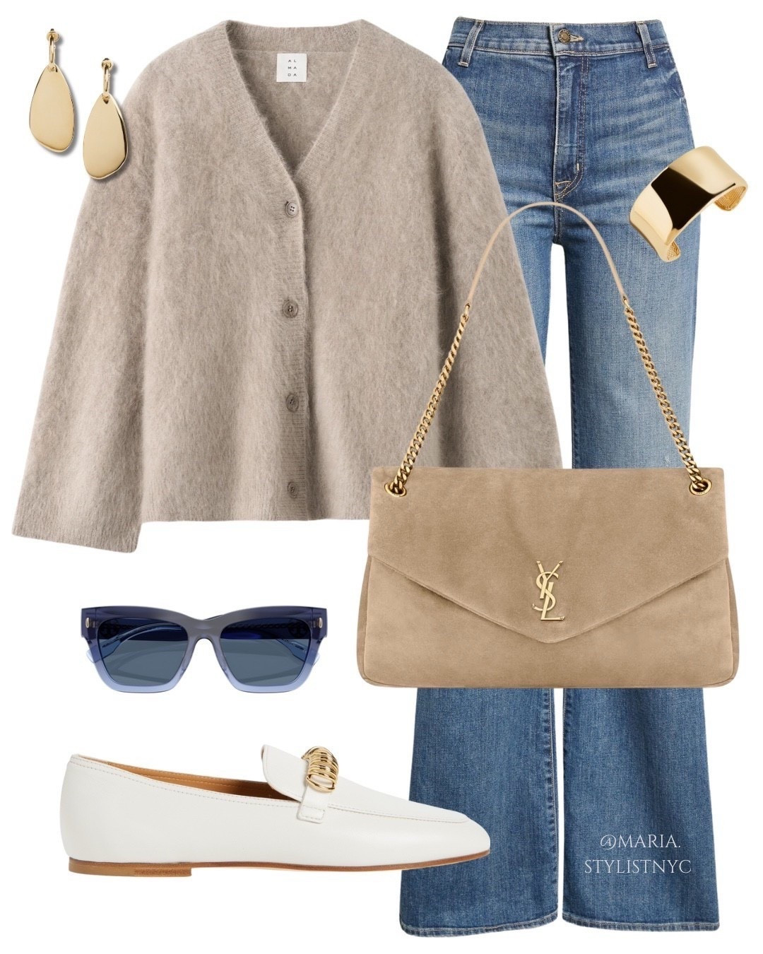 Effortless Weekend Style: Cozy beige cardigan and wide-leg denim, polished with white loafers, gold accessories, and a neutral suede YSL bag.

#LTKSeasonal #LTKootd #LTKgrwm